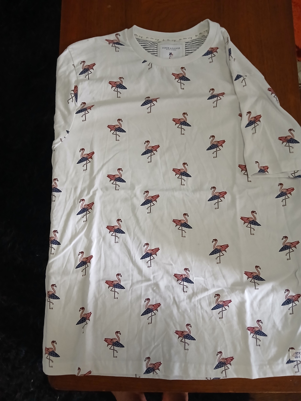 Denim & Flower By Ricky Singh White Flamingo Print Cotton T-Shirt XL